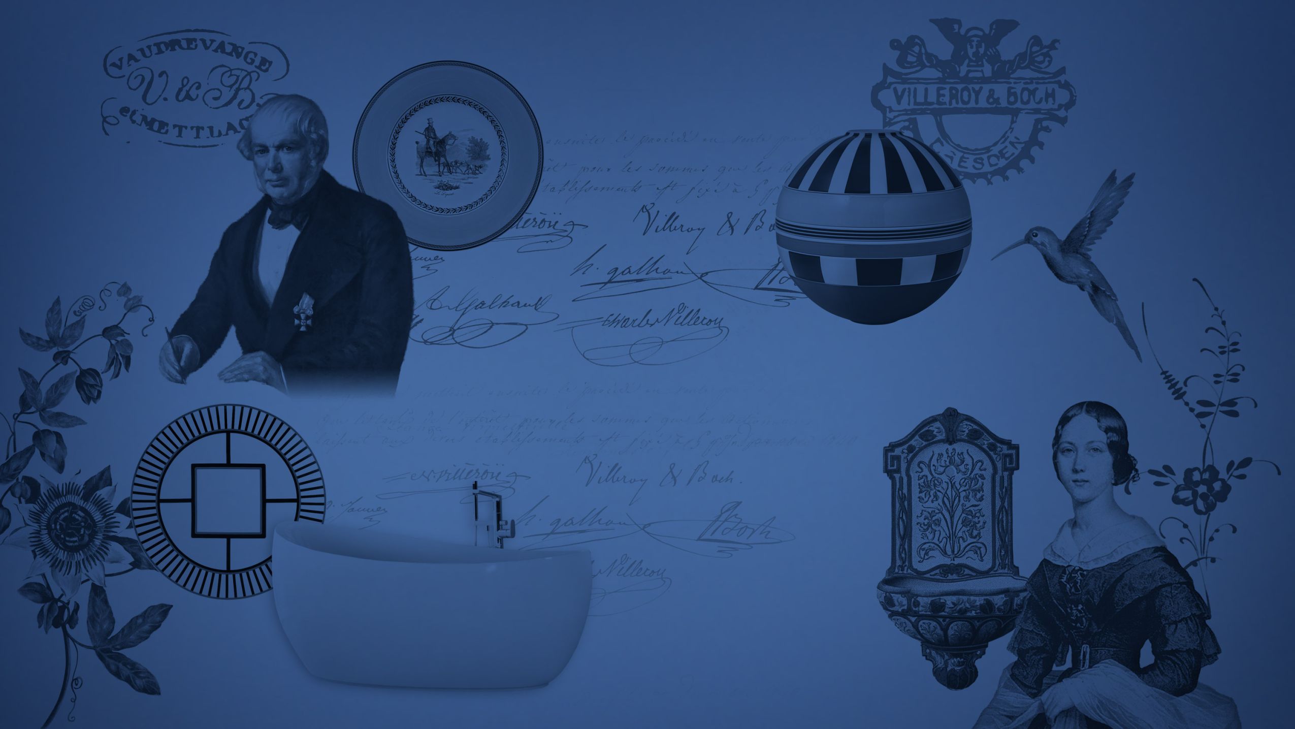 Collage aus Vintage-Porträts, dekorativen Motiven, einer Badewanne, einer bunten Kugel (La Boule) und handgeschriebener Schrift auf blauem Hintergrund und alles in einem blauen Farbton.