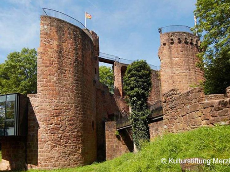 Ein historisches Schloss aus rotem Sandstein mit runden Türmen, Efeu an einer Wand, Metallstegen und einer Flagge auf der Spitze, umgeben von grünem Gras und Bäumen.